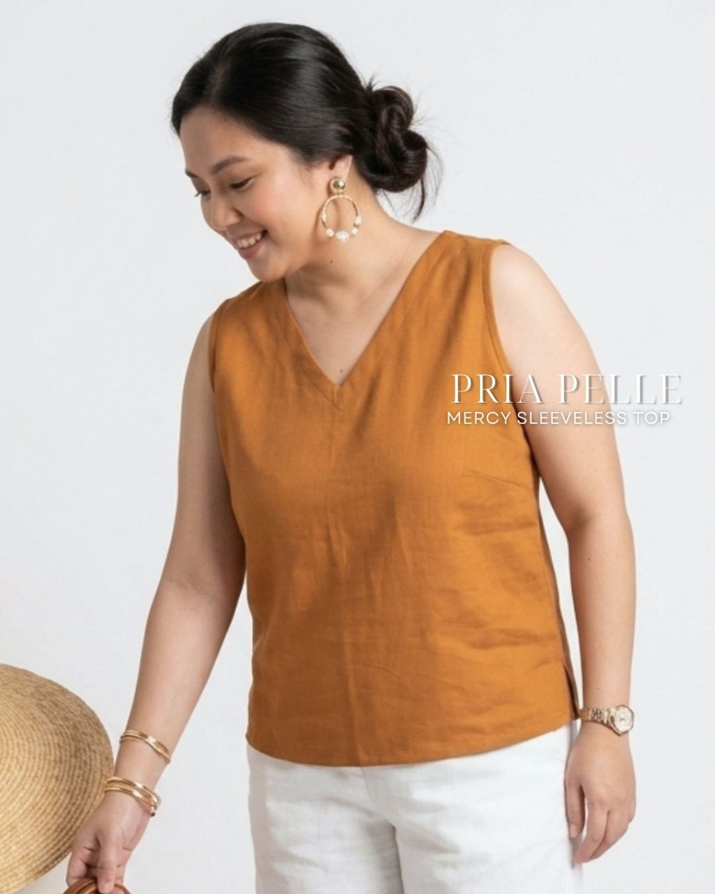 Pria Pelle Mercy Sleeveless Top in Cotton Blend Caramel Rust | Non Stretch