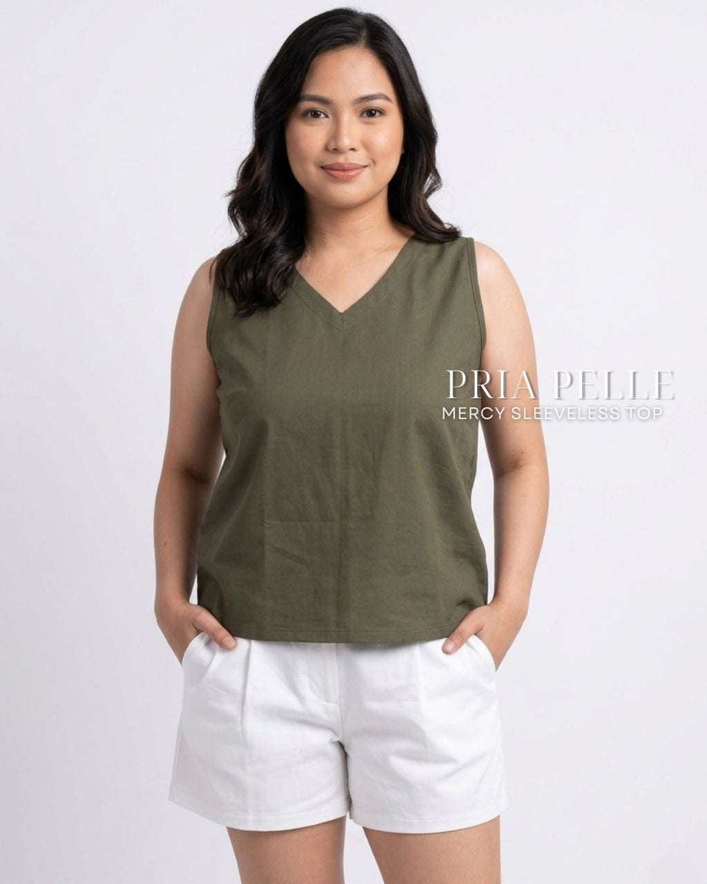 Pria Pelle Mercy Sleeveless Top in Cotton Blend Dark Olive | Non Stretch