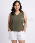 Pria Pelle Mercy Sleeveless Top in Cotton Blend Dark Olive | Non Stretch