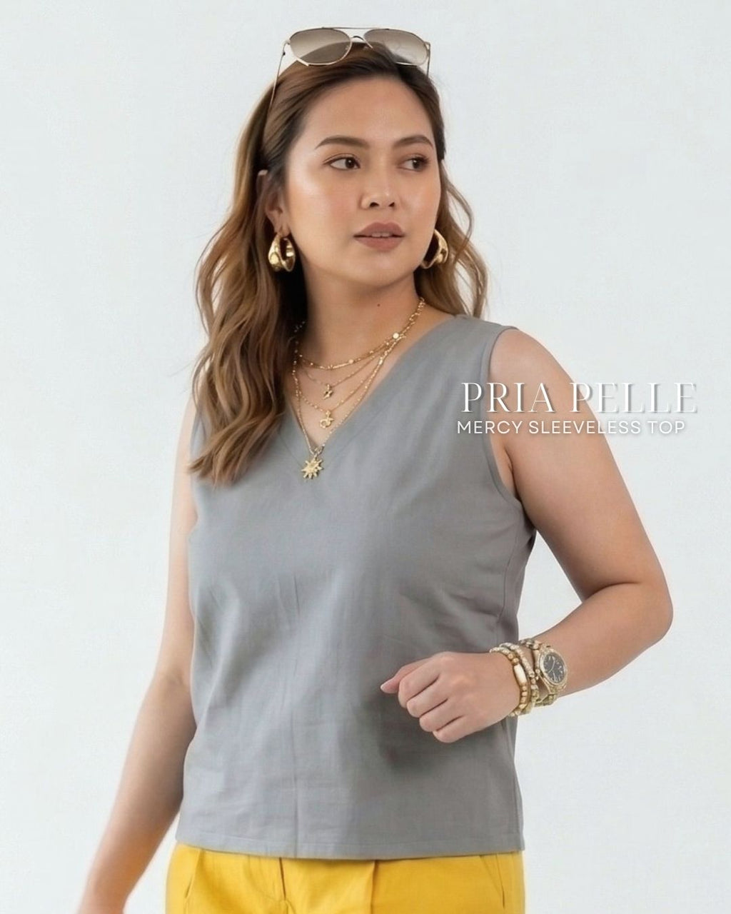 Pria Pelle Mercy Sleeveless Top in Cotton Blend Steel Gray | Non Stretch