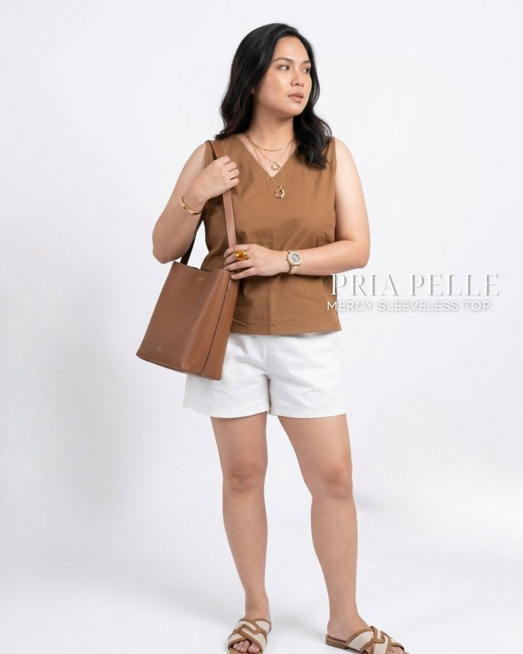 Pria Pelle Mercy Sleeveless Top in Cotton Blend Warm Mocha | Non Stretch