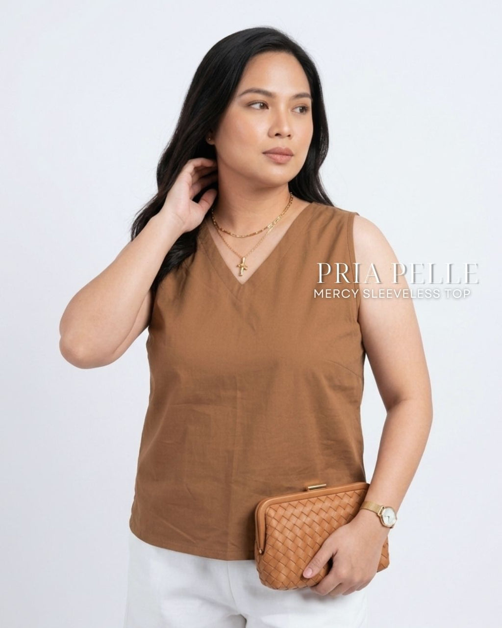 Pria Pelle Mercy Sleeveless Top in Cotton Blend Warm Mocha | Non Stretch