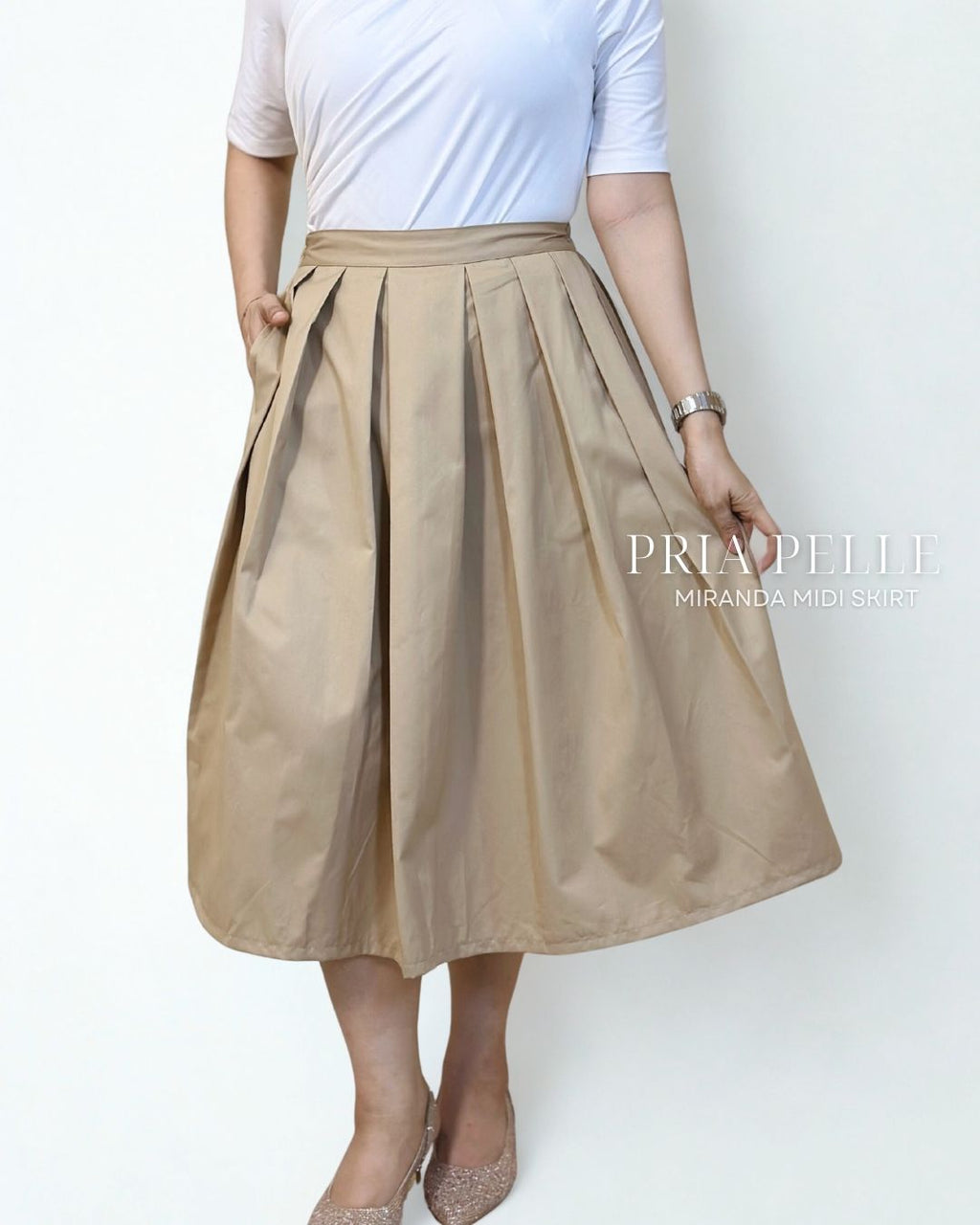 Pria Pelle Miranda Midi Skirt - Cotton Blend Light Khaki