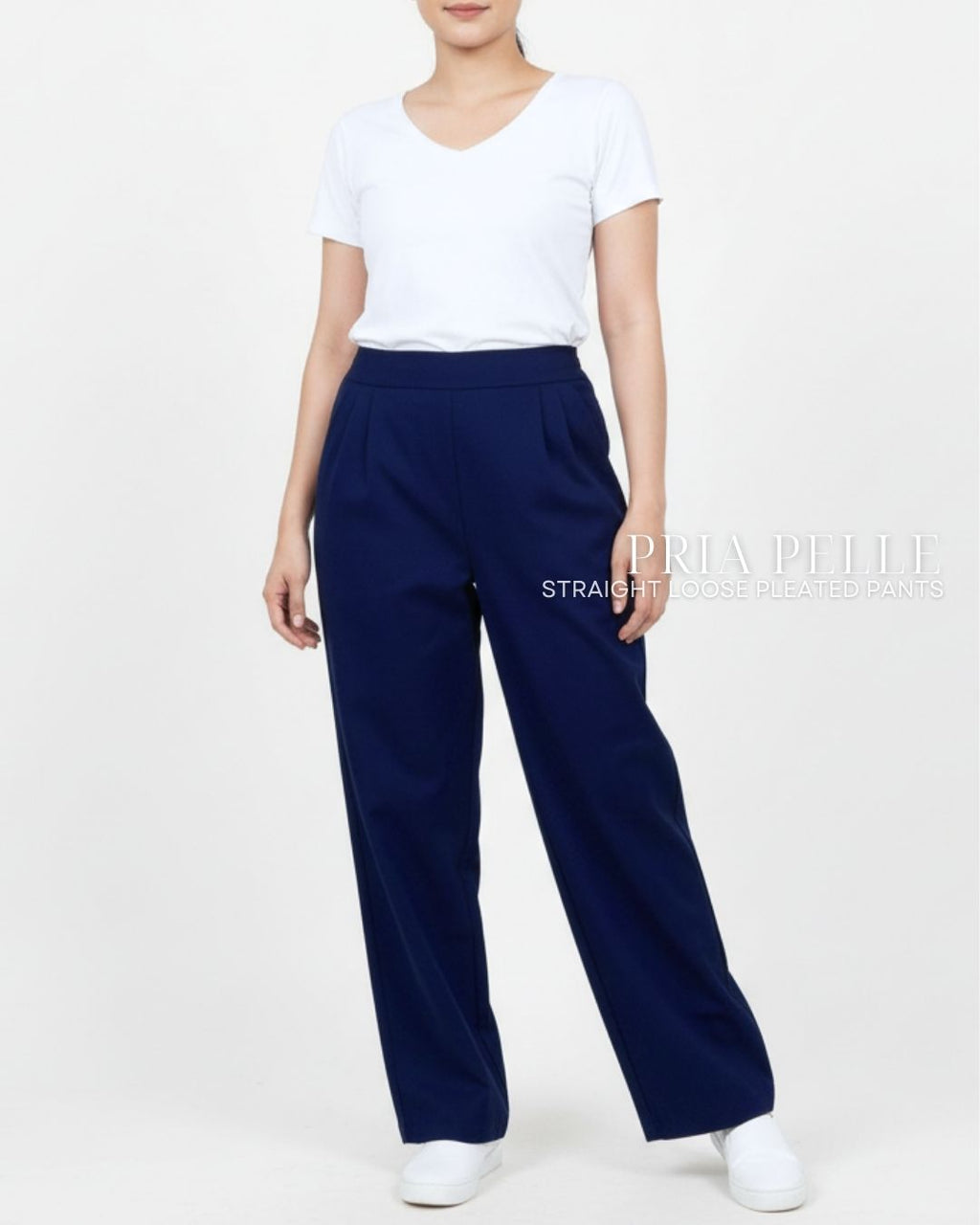 Pria Pelle Straight Loose Pleated Pants | Back Garter - Cotton Twill Navy Blue - Non Stretch