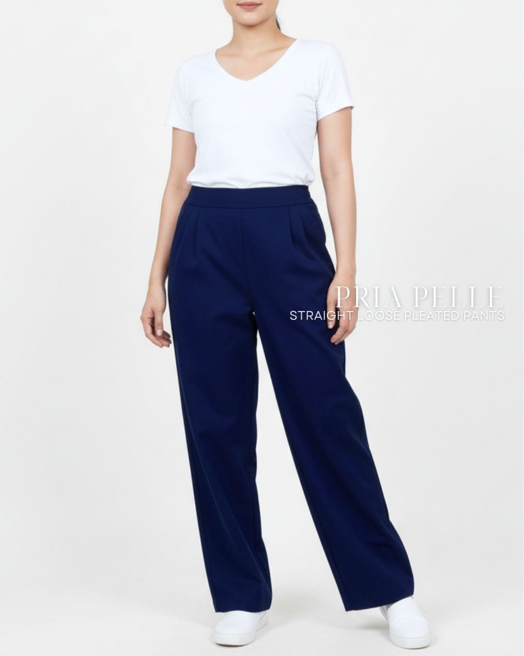 Pria Pelle Straight Loose Pleated Pants | Back Garter - Cotton Twill Navy Blue - Non Stretch