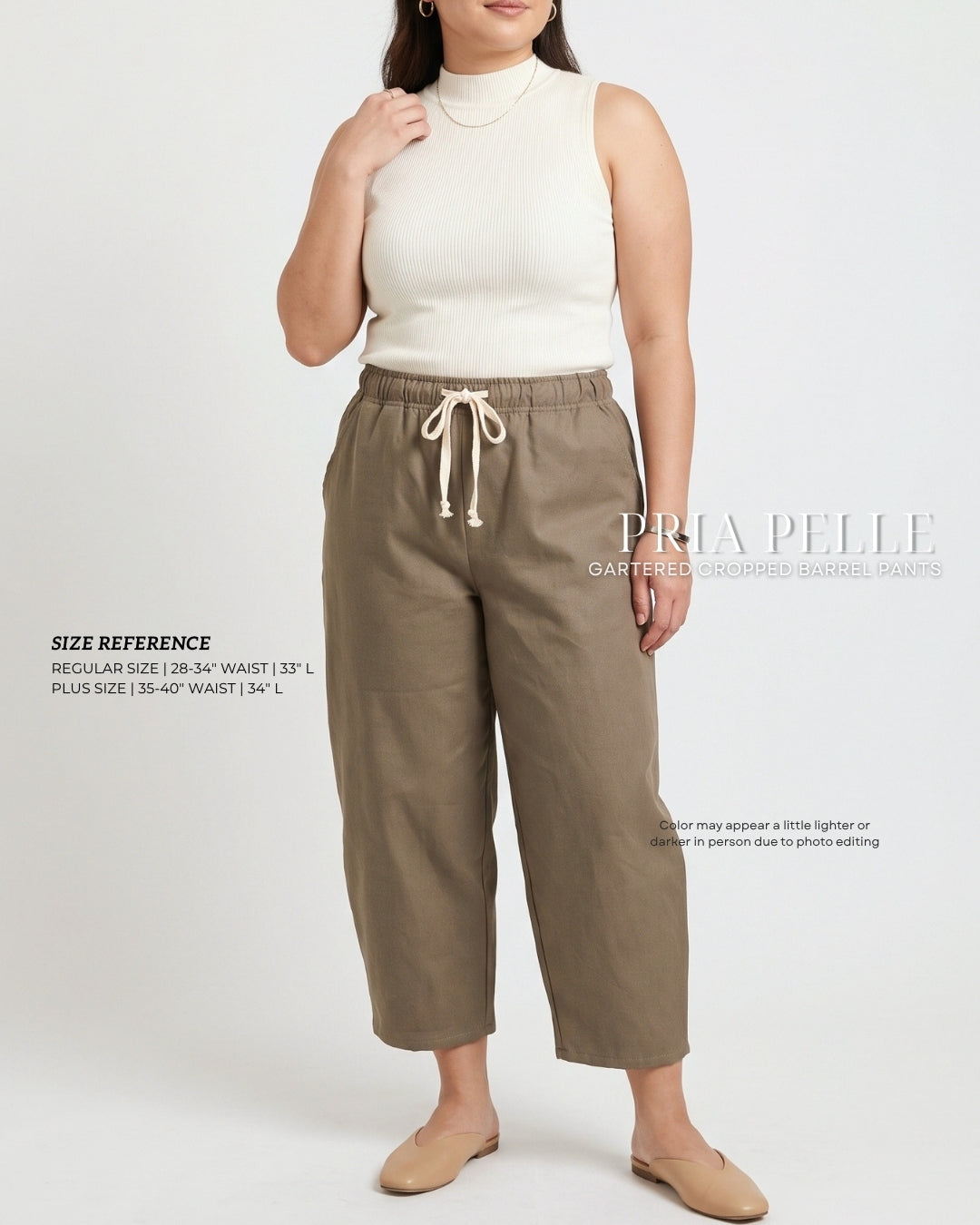 Pria Pelle FULLY GARTERED Cropped Barrel Pants with Drawstring - Denim Blend Olive Grove | Non Stretch