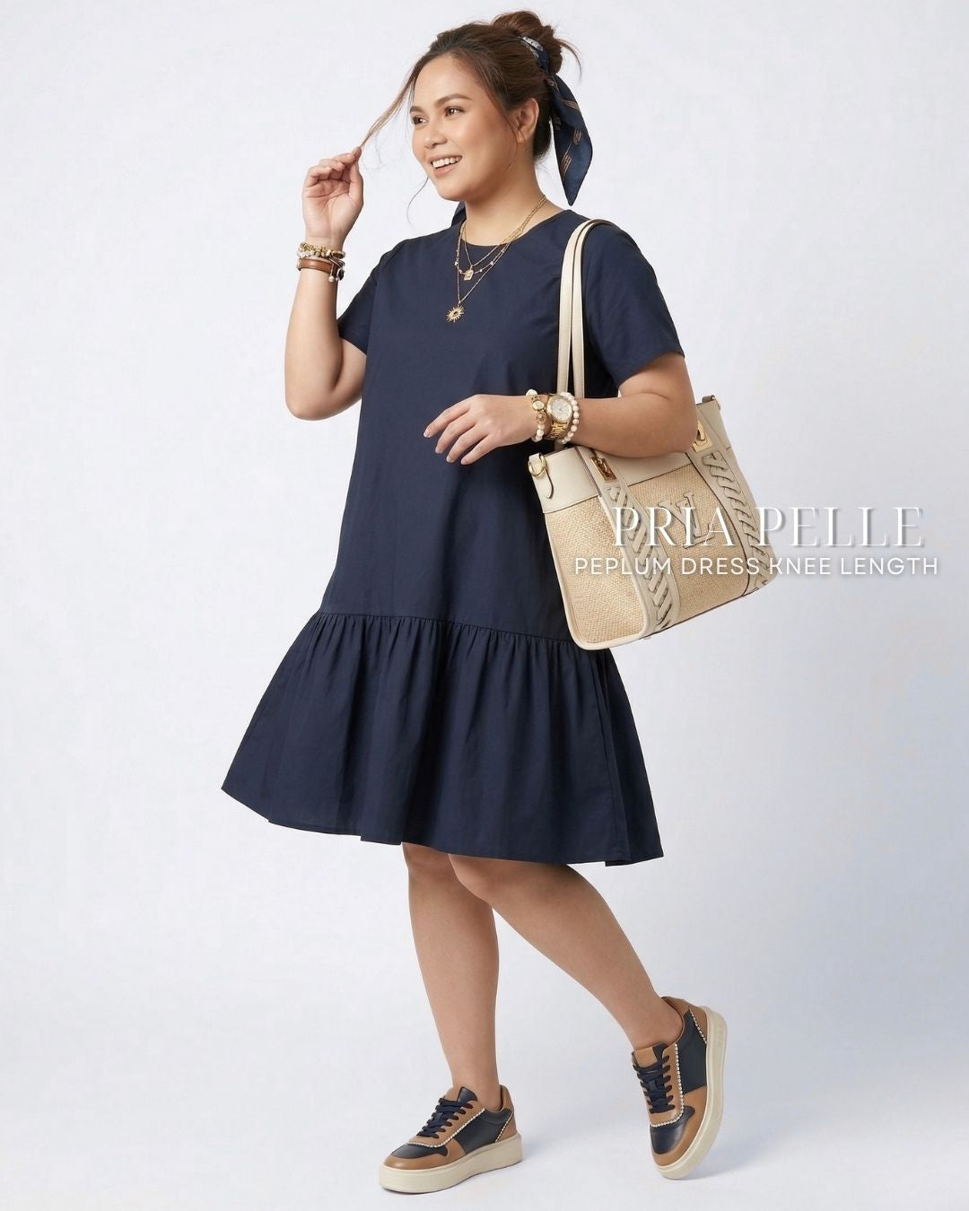 Pria Pelle Peplum Dress Version 1 | Cotton Blend Blue Black - Non Stretch