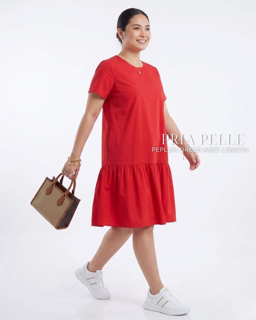 Pria Pelle Peplum Dress Version 1 | Cotton Blend Fire Brick Red - Non Stretch