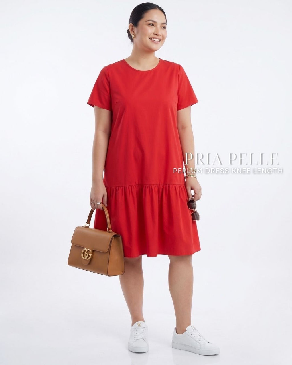Pria Pelle Peplum Dress Version 1 | Cotton Blend Fire Brick Red - Non Stretch