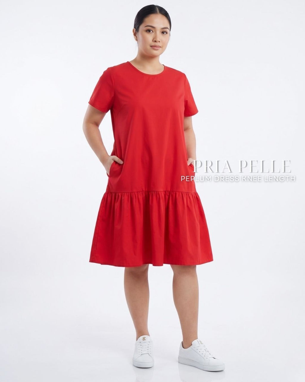 Pria Pelle Peplum Dress Version 1 | Cotton Blend Fire Brick Red - Non Stretch