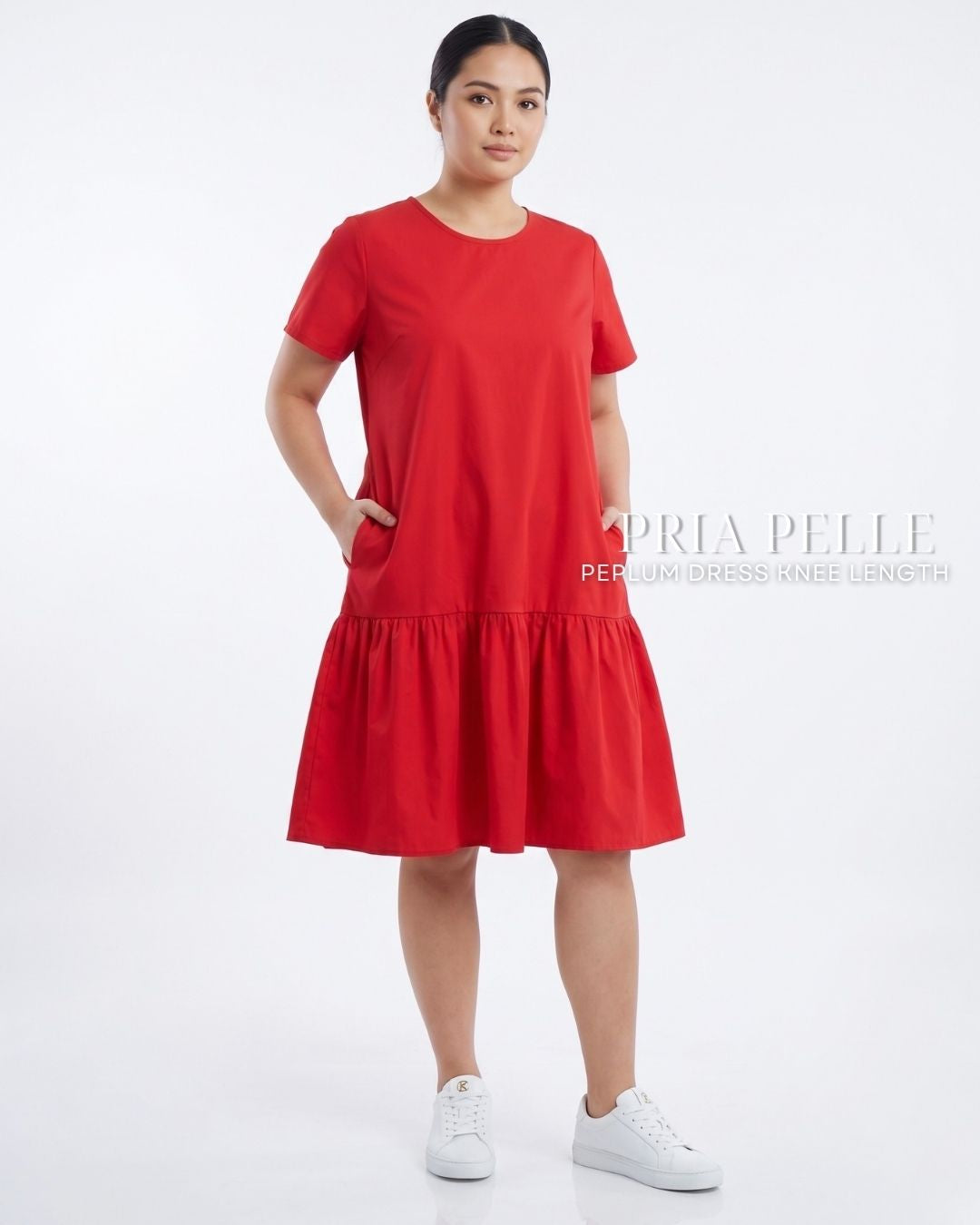 Pria Pelle Peplum Dress Version 1 | Cotton Blend Fire Brick Red - Non Stretch