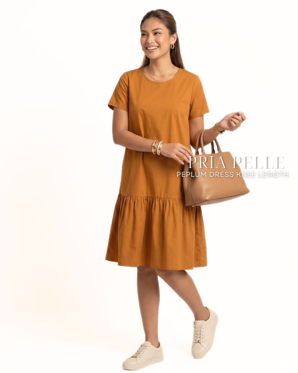 Pria Pelle Peplum Dress Version 1 | Cotton Blend Caramel Rust - Non Stretch