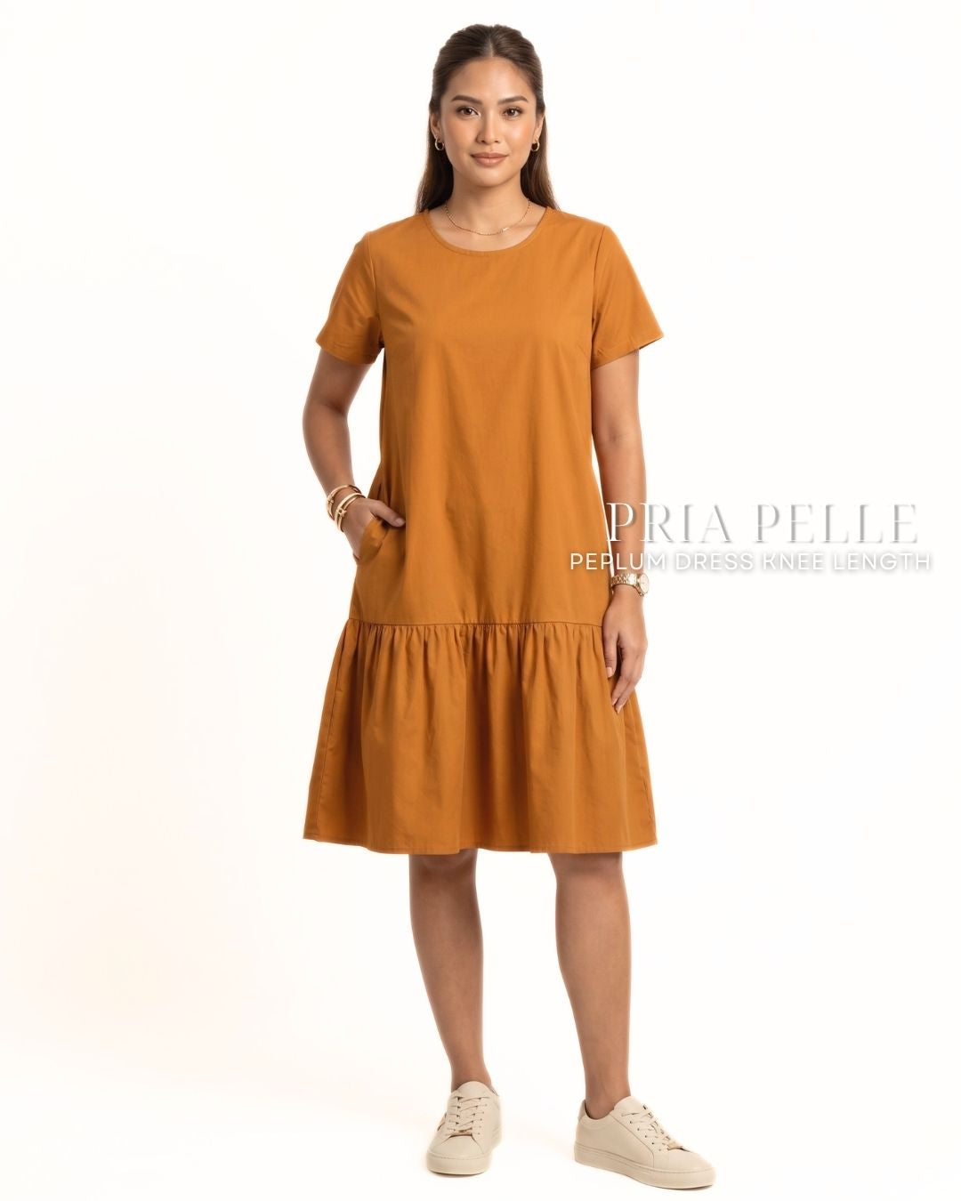 Pria Pelle Peplum Dress Version 1 | Cotton Blend Caramel Rust - Non Stretch