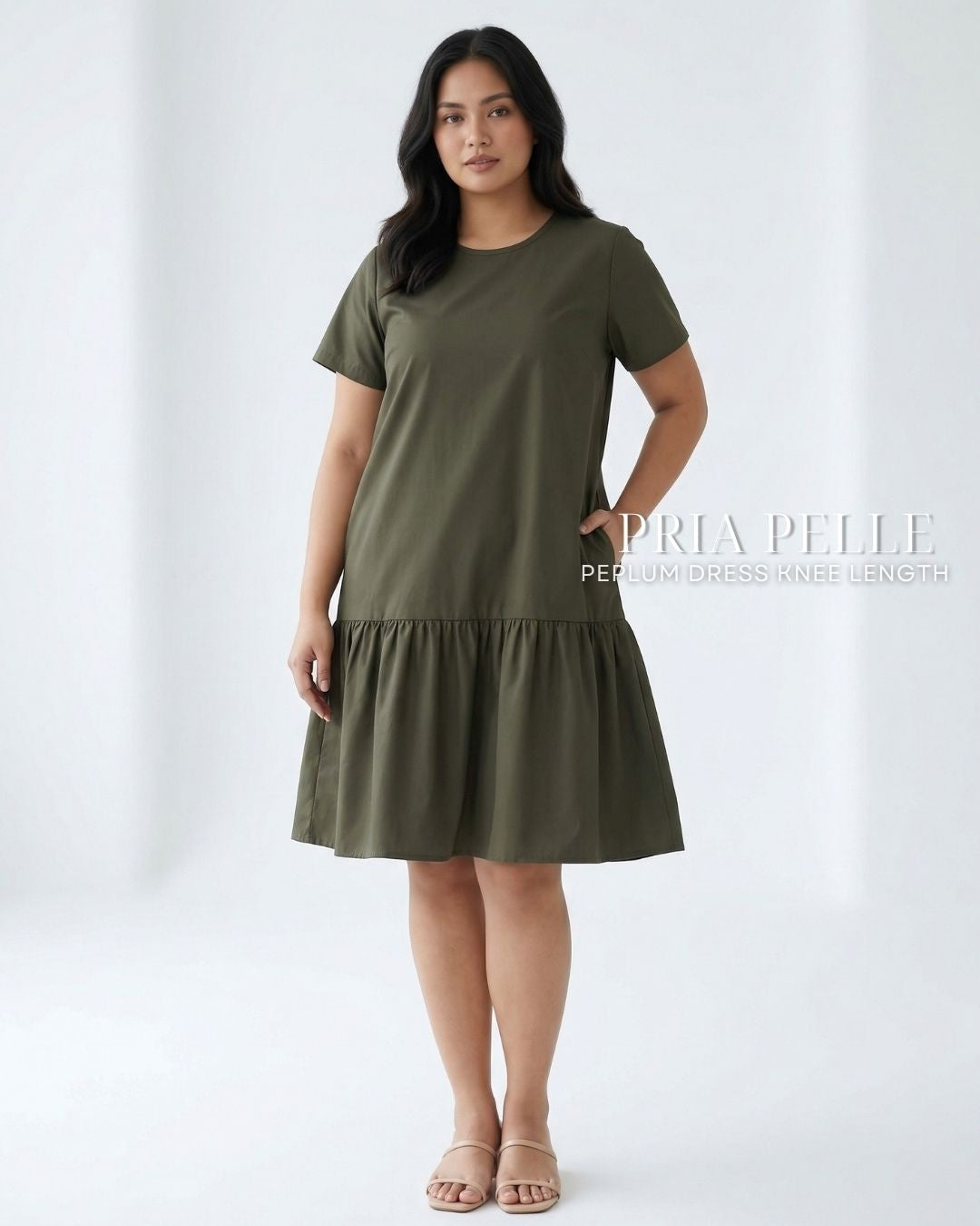 Pria Pelle Peplum Dress Version 1 | Cotton Blend Dark Olive - Non Stretch
