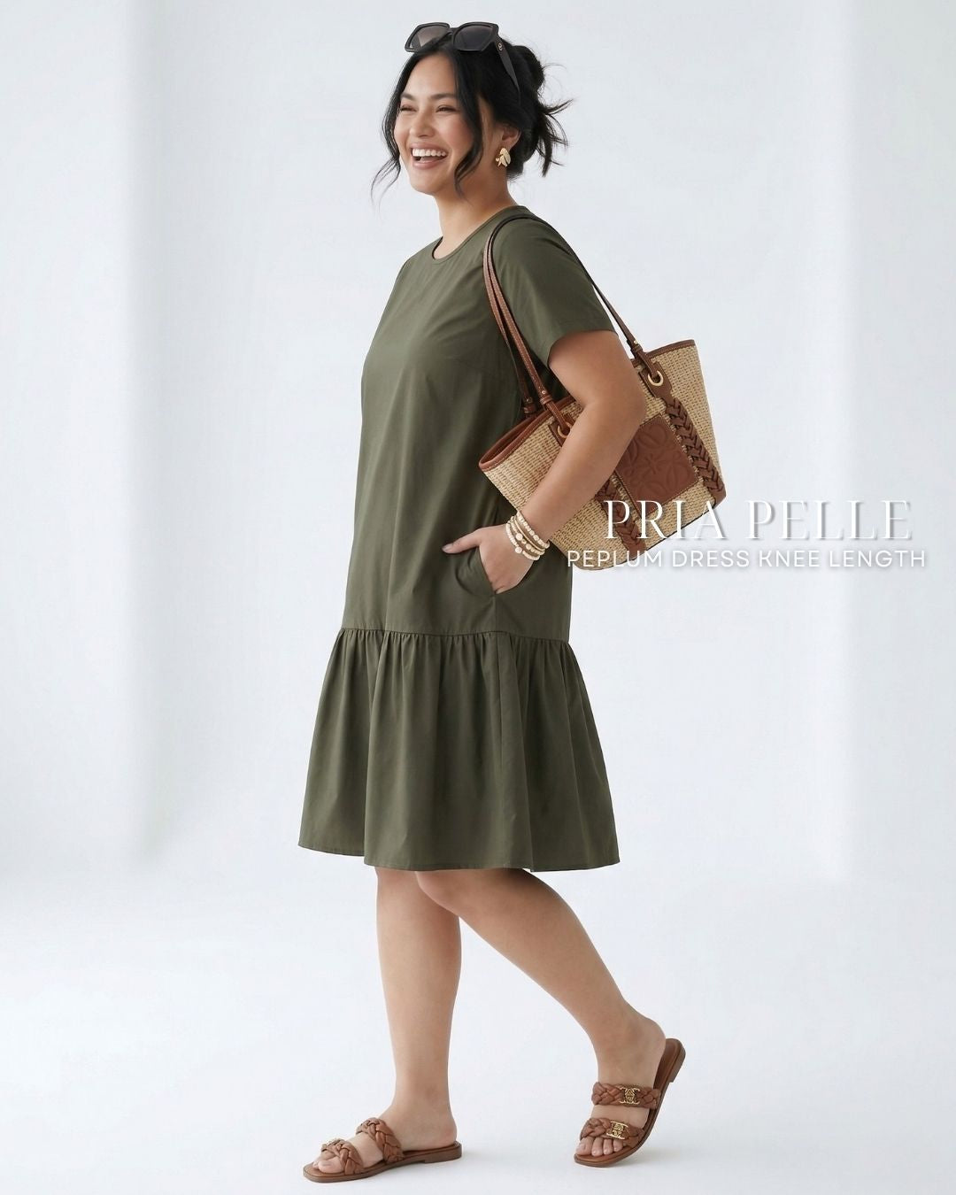 Pria Pelle Peplum Dress Version 1 | Cotton Blend Dark Olive - Non Stretch