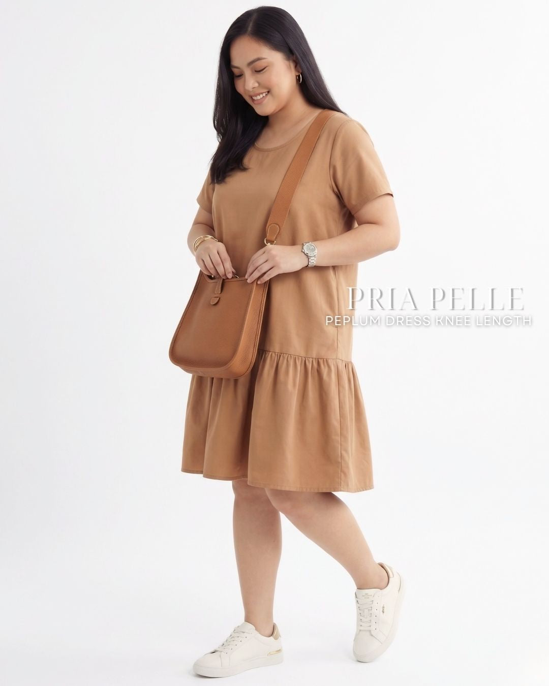 Pria Pelle Peplum Dress Version 1 | Cotton Blend Khaki Brown with Stretch