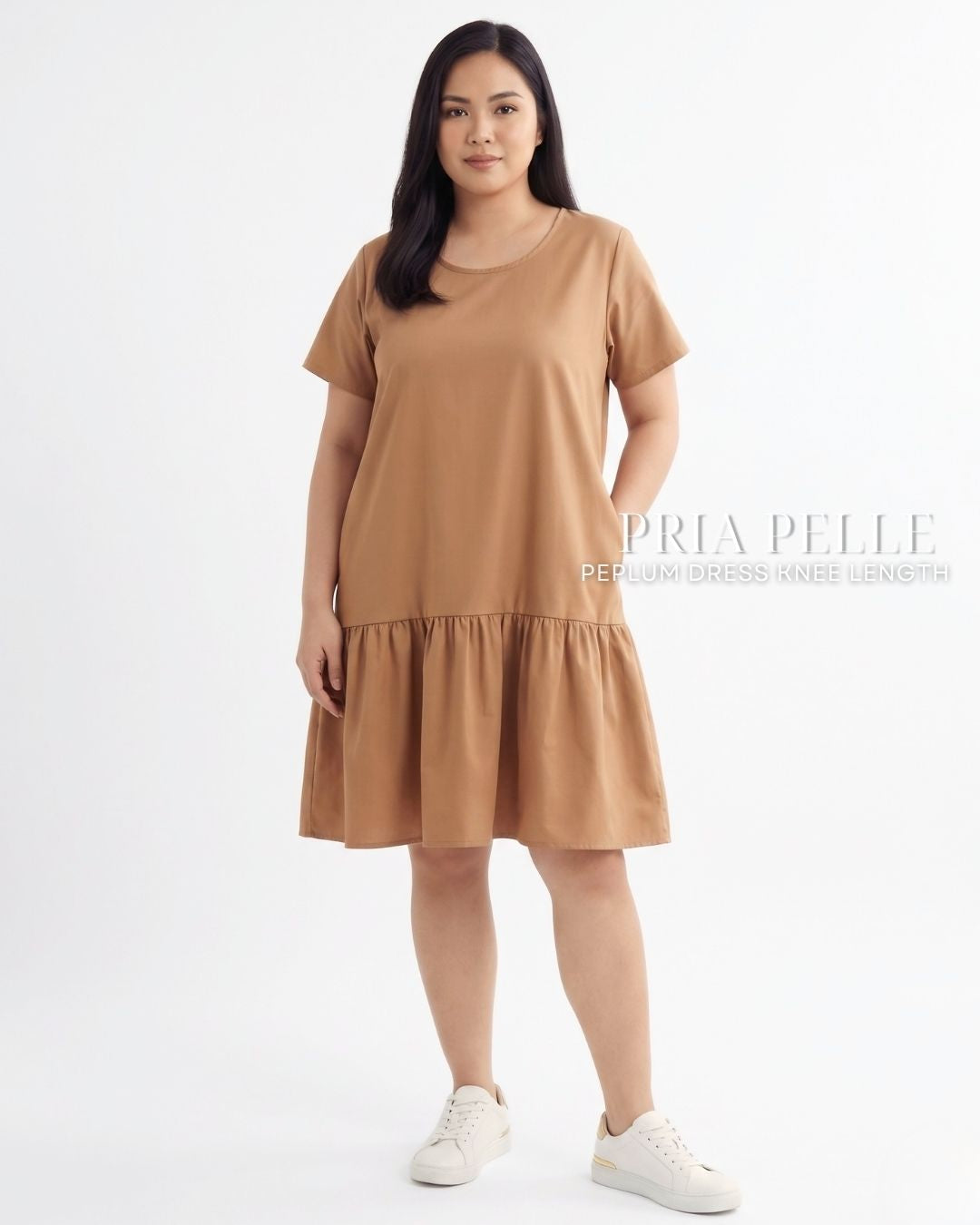Pria Pelle Peplum Dress Version 1 | Cotton Blend Khaki Brown with Stretch