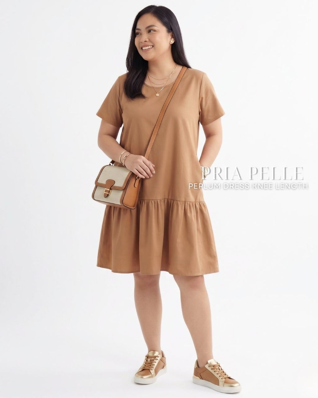 Pria Pelle Peplum Dress Version 1 | Cotton Blend Khaki Brown with Stretch