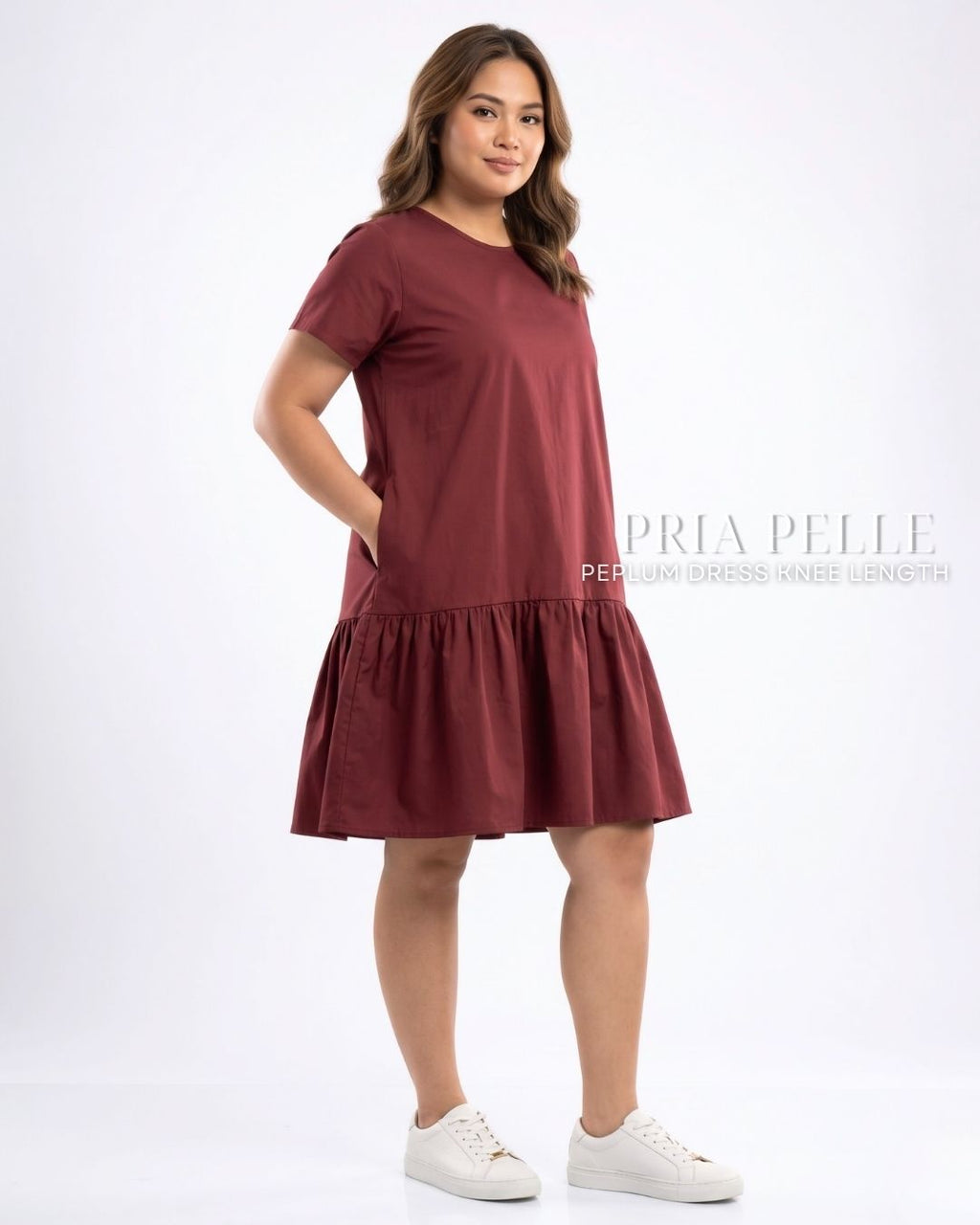 Pria Pelle Peplum Dress Version 1 | Cotton Blend Maroon - Non Stretch