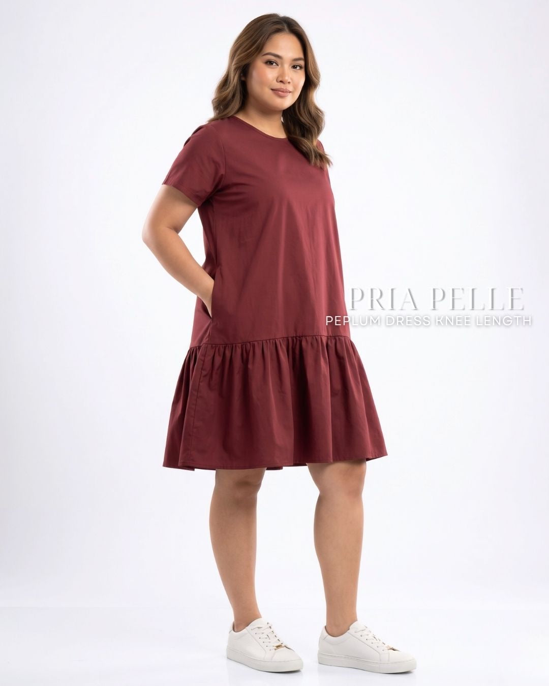 Pria Pelle Peplum Dress Version 1 | Cotton Blend Maroon - Non Stretch