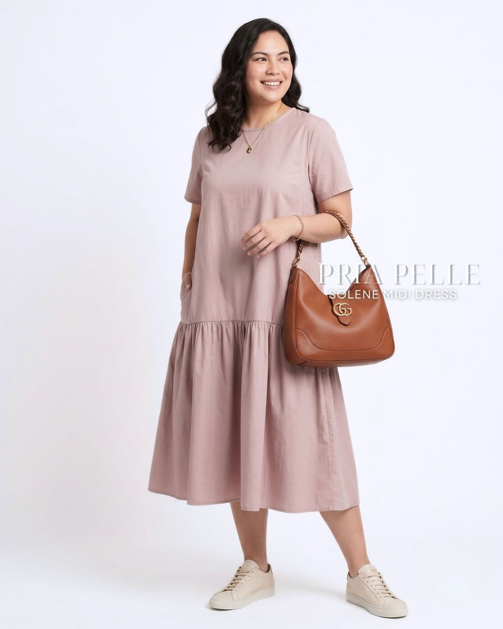Pria Pelle Solene Short Sleeves Midi Dress - Cotton Blend Pale Mauve | Non Stretch