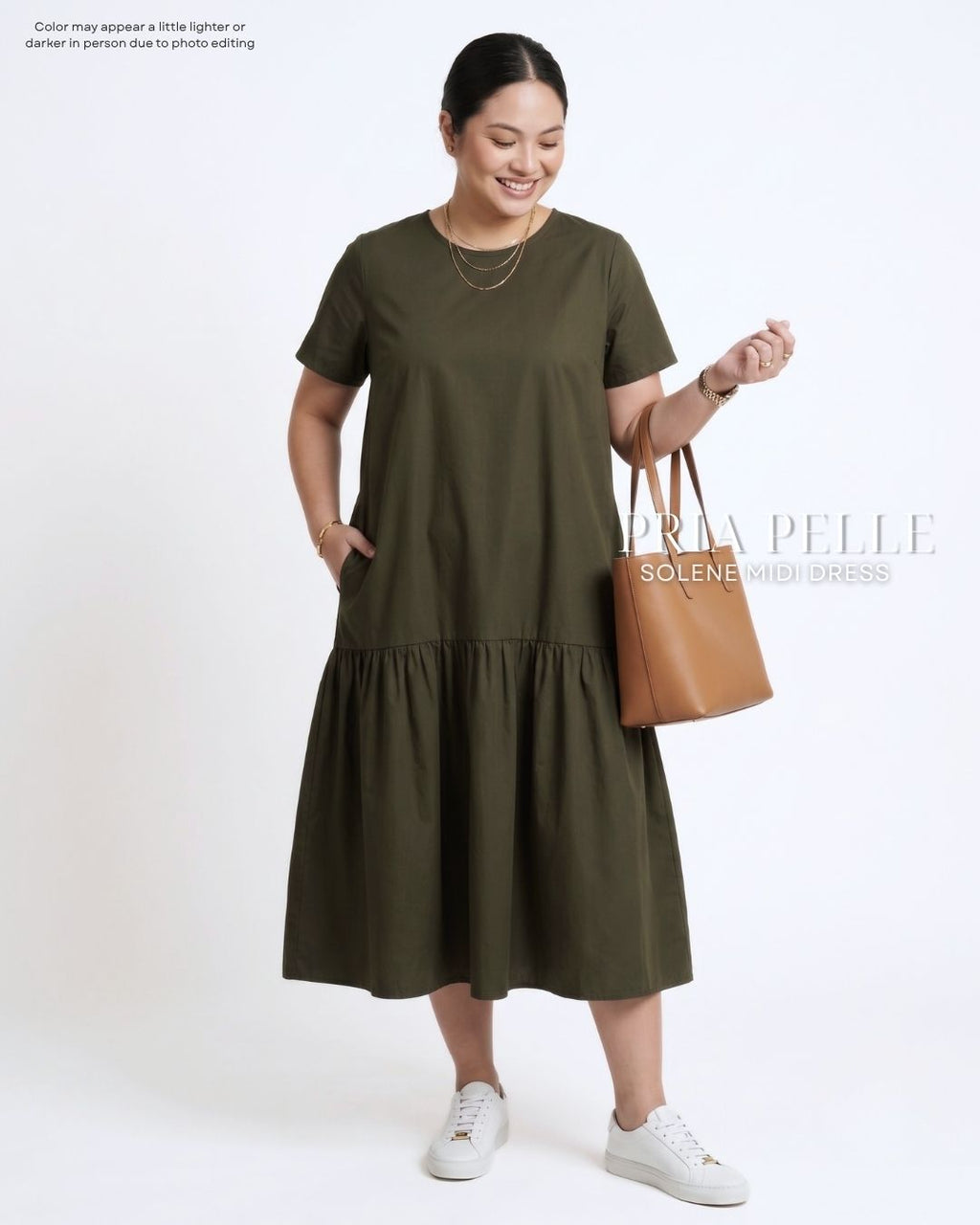 Pria Pelle Solene Short Sleeves Midi Dress - Cotton Blend Army Green | Non Stretch
