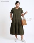 Pria Pelle Solene Short Sleeves Midi Dress - Cotton Blend Army Green | Non Stretch