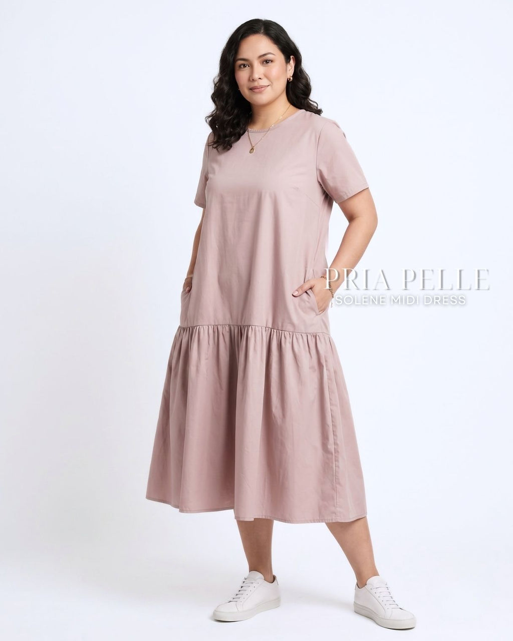 Pria Pelle Solene Short Sleeves Midi Dress - Cotton Blend Pale Mauve | Non Stretch