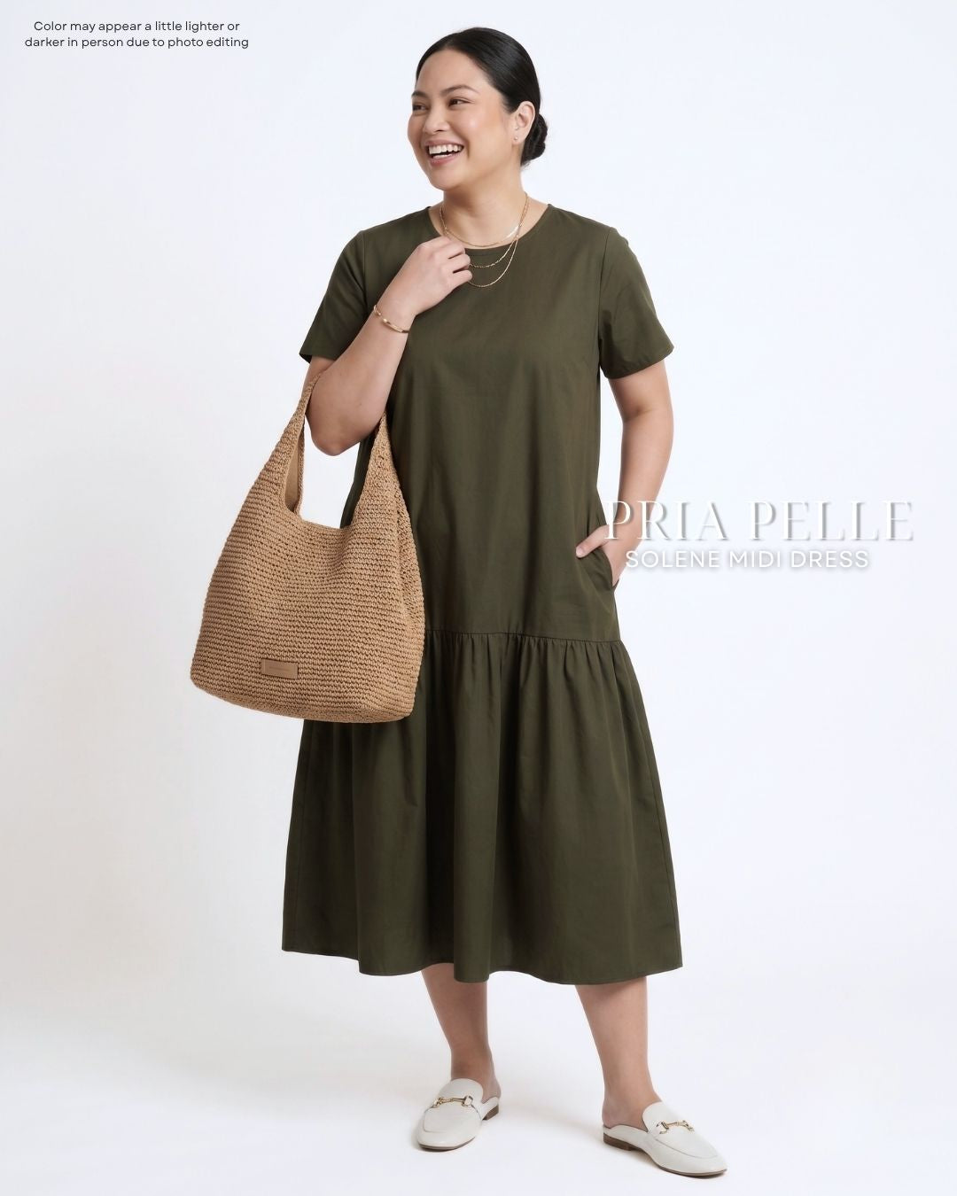 Pria Pelle Solene Short Sleeves Midi Dress - Cotton Blend Army Green | Non Stretch
