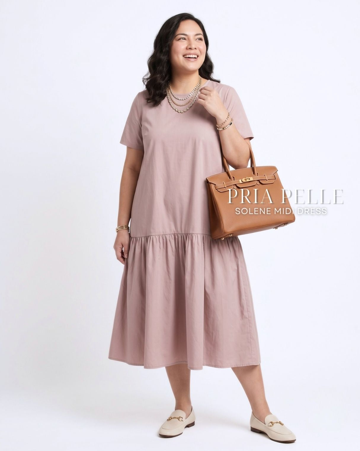 Pria Pelle Solene Short Sleeves Midi Dress - Cotton Blend Pale Mauve | Non Stretch