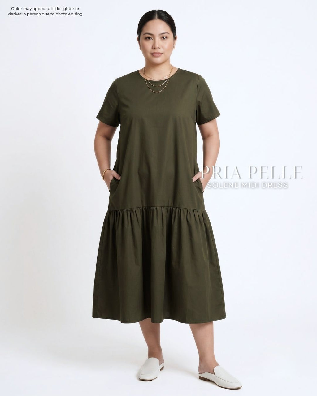 Pria Pelle Solene Short Sleeves Midi Dress - Cotton Blend Army Green | Non Stretch