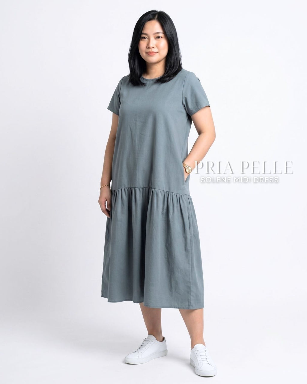 Pria Pelle Solene Short Sleeves Midi Dress - Textured Linen Pewter Blue | Non Stretch