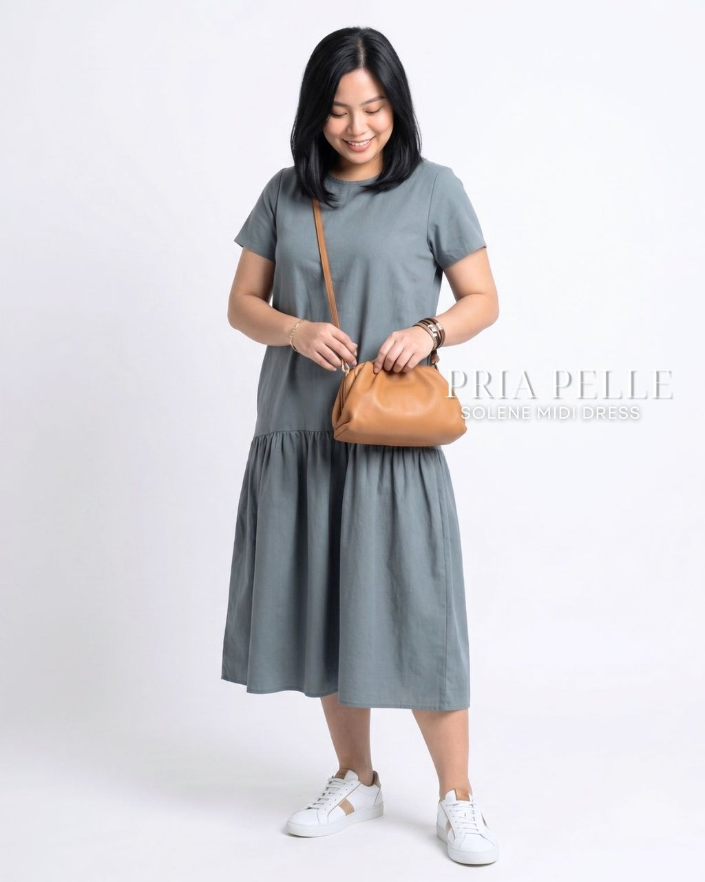 Pria Pelle Solene Short Sleeves Midi Dress - Textured Linen Pewter Blue | Non Stretch