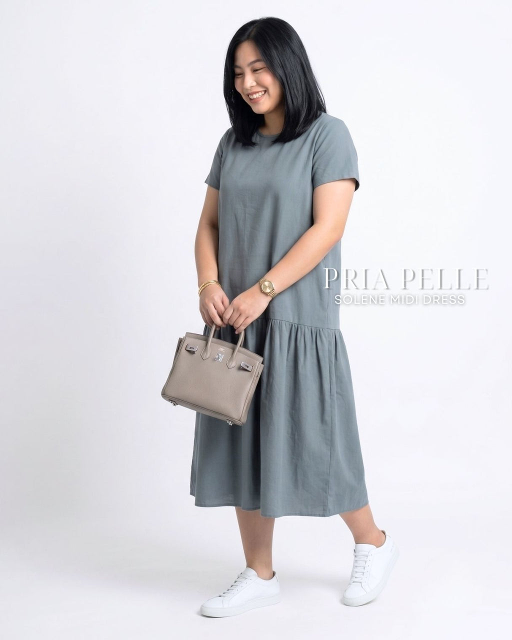 Pria Pelle Solene Short Sleeves Midi Dress - Textured Linen Pewter Blue | Non Stretch