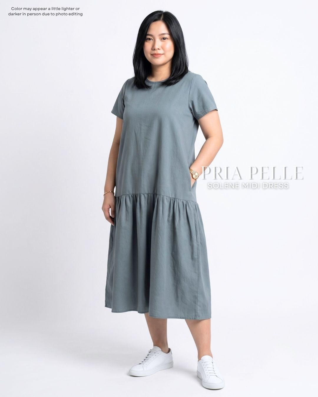 Pria Pelle Solene Short Sleeves Midi Dress - Textured Linen Pewter Blue | Non Stretch
