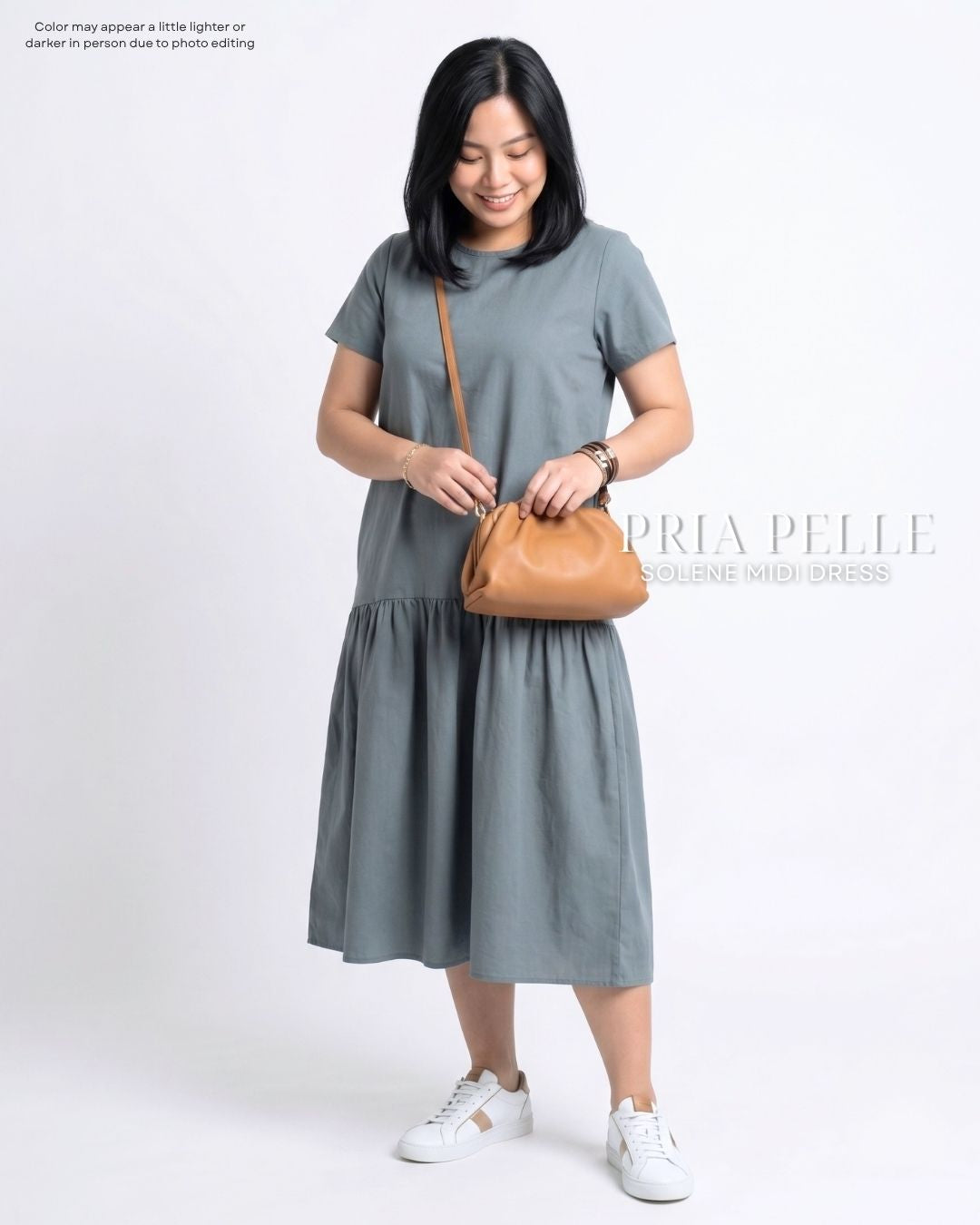 Pria Pelle Solene Short Sleeves Midi Dress - Textured Linen Pewter Blue | Non Stretch