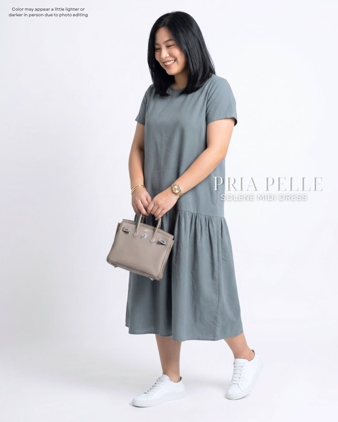 Pria Pelle Solene Short Sleeves Midi Dress - Textured Linen Pewter Blue | Non Stretch