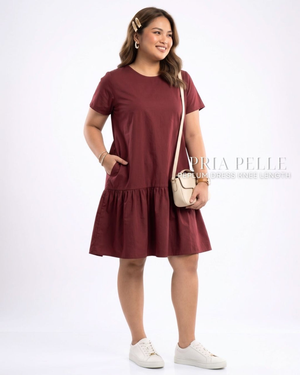 Pria Pelle Peplum Dress Version 1 | Cotton Blend Maroon - Non Stretch