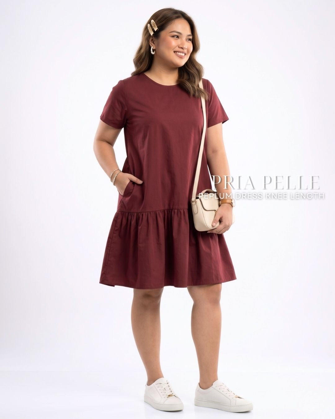 Pria Pelle Peplum Dress Version 1 | Cotton Blend Maroon - Non Stretch