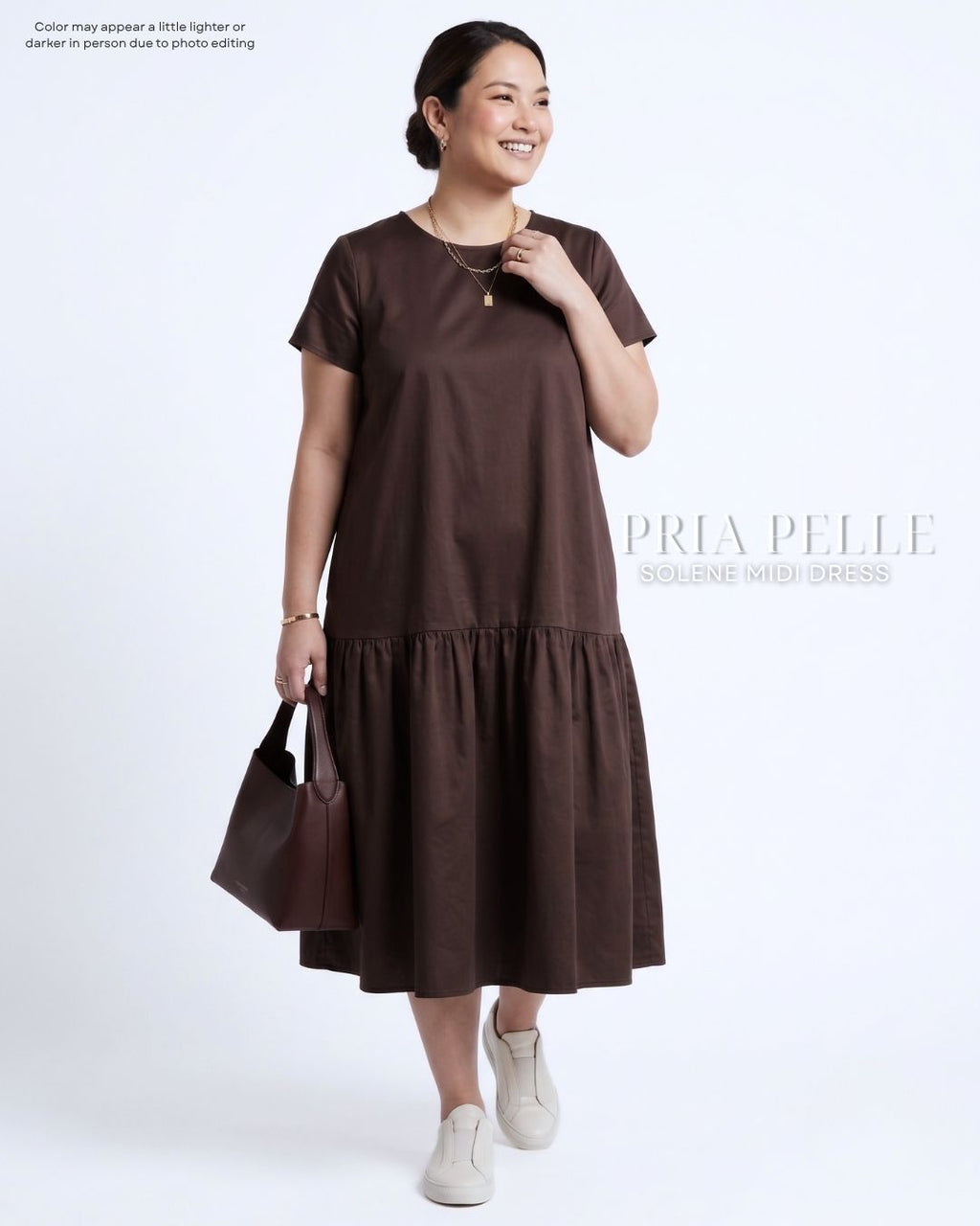 Pria Pelle Solene Short Sleeves Midi Dress - Cotton Satin Dark Brown