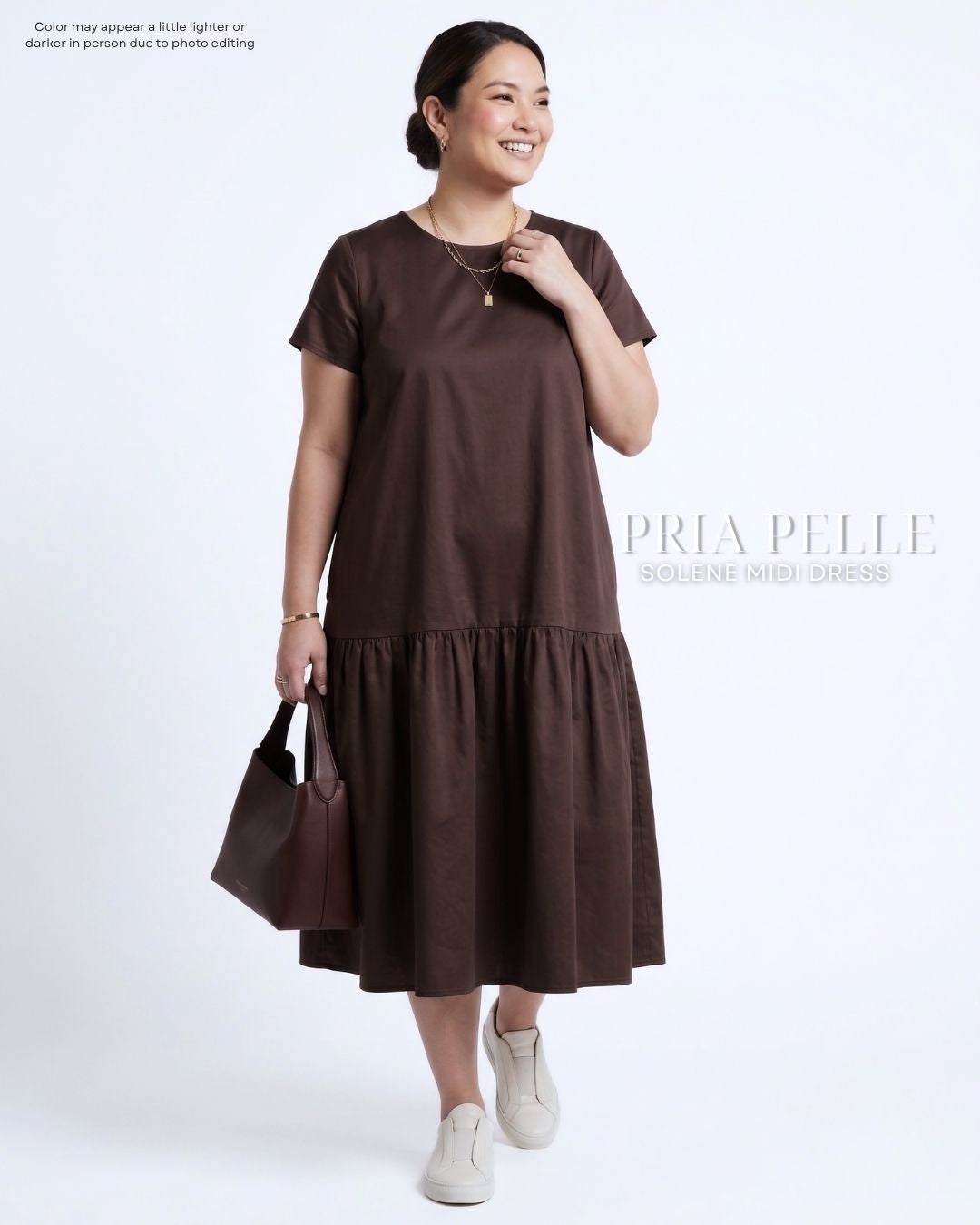 Pria Pelle Solene Short Sleeves Midi Dress - Cotton Satin Dark Brown