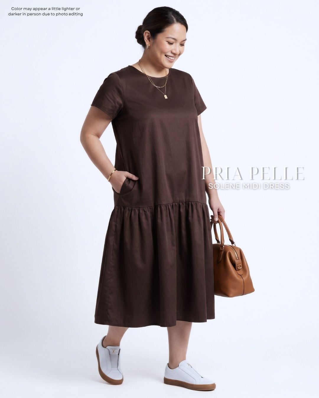 Pria Pelle Solene Short Sleeves Midi Dress - Cotton Satin Dark Brown