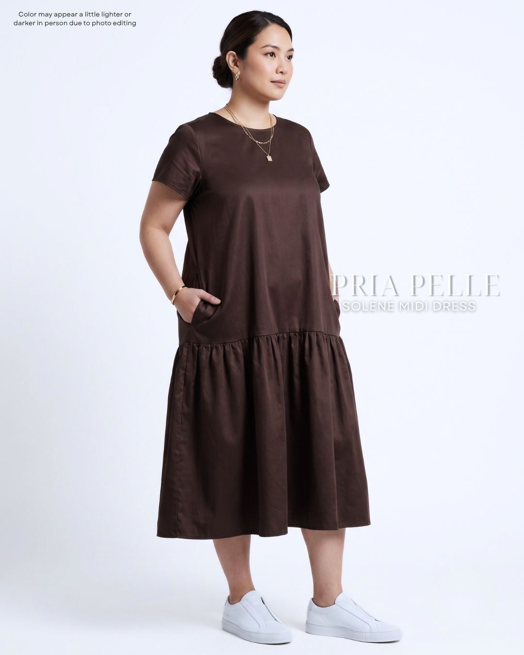 Pria Pelle Solene Short Sleeves Midi Dress - Cotton Satin Dark Brown