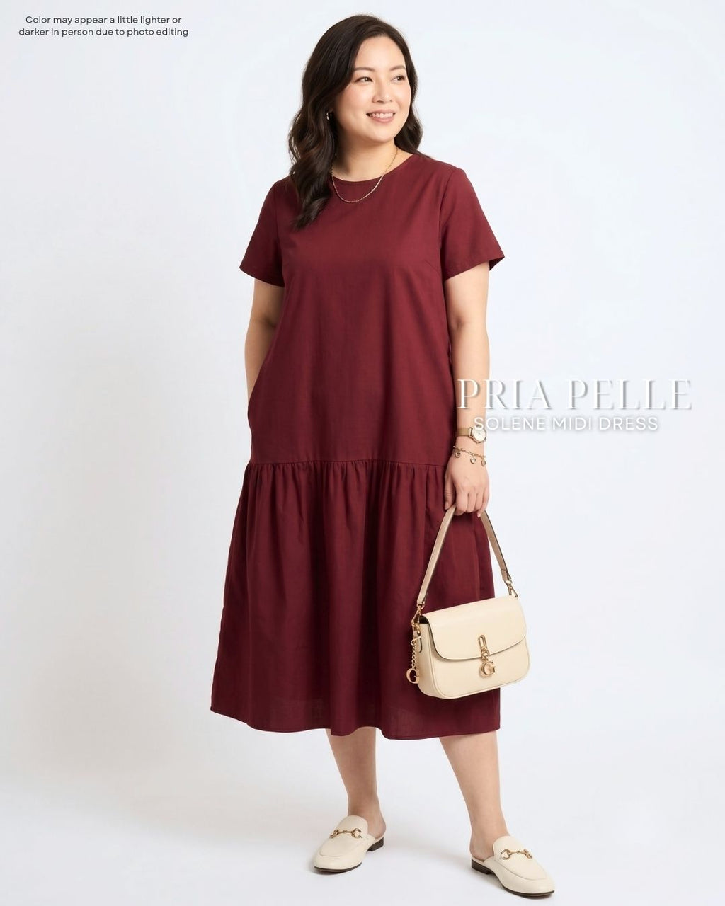 Pria Pelle Solene Short Sleeves Midi Dress - Cotton Blend Light Maroon | Non Stretch