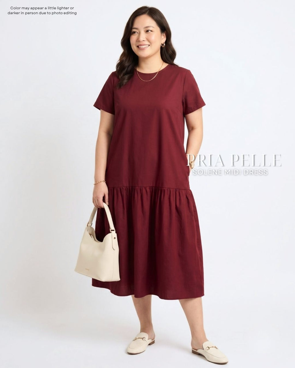 Pria Pelle Solene Short Sleeves Midi Dress - Cotton Blend Light Maroon | Non Stretch