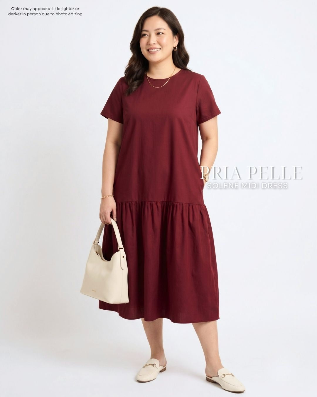 Pria Pelle Solene Short Sleeves Midi Dress - Cotton Blend Light Maroon | Non Stretch