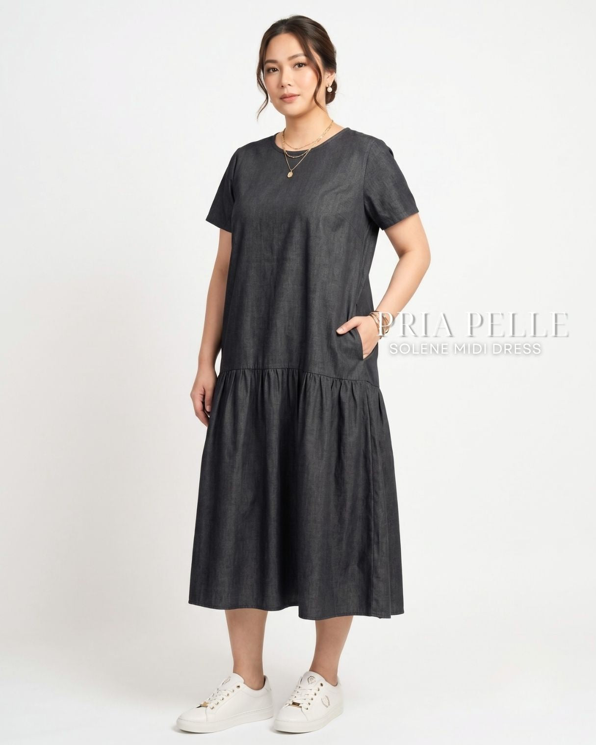 Pria Pelle Solene Short Sleeves Midi Dress - Denim Charcoal | Non Stretch