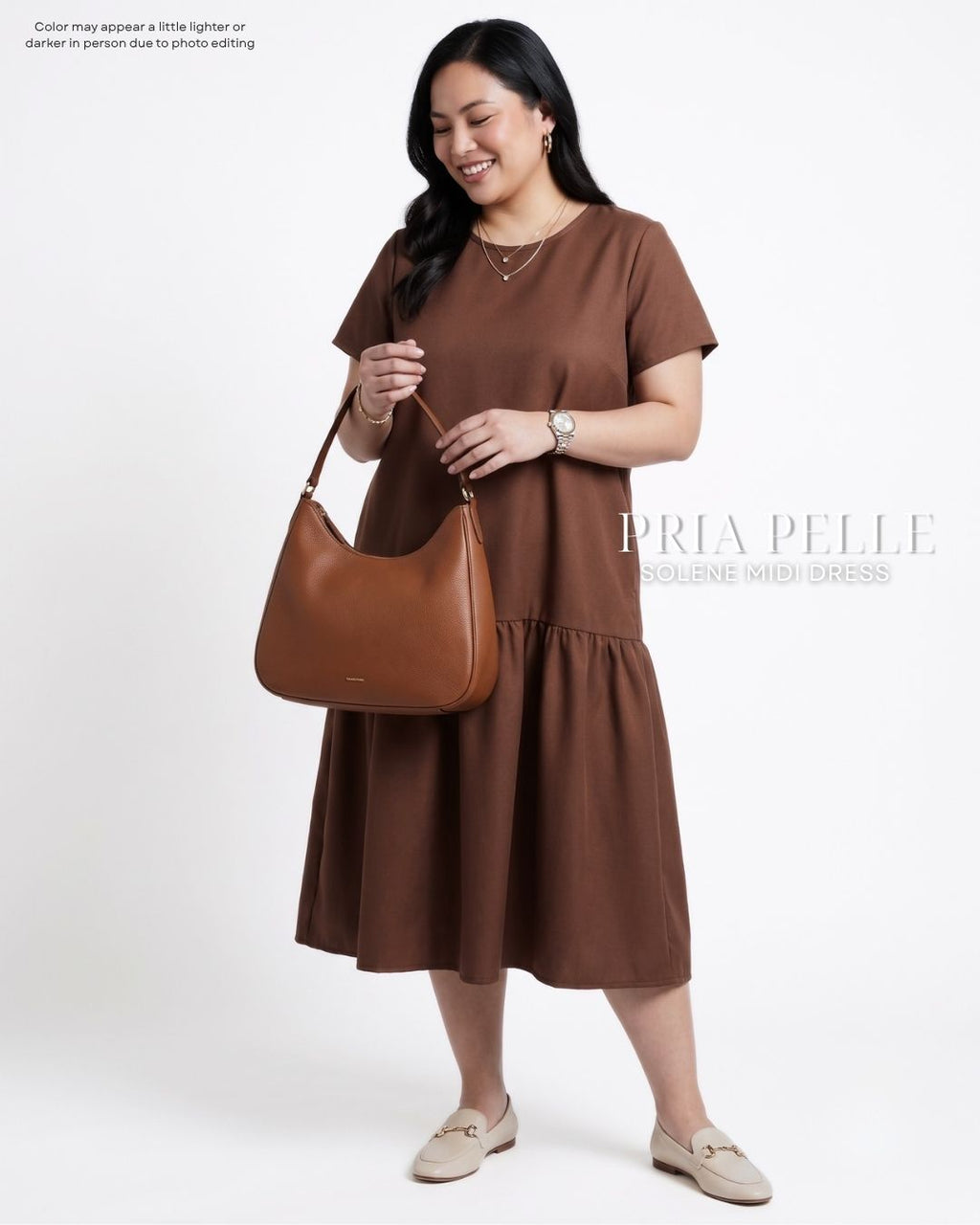 Pria Pelle Solene Short Sleeves Midi Dress - Poly Cotton Brown | Non Stretch
