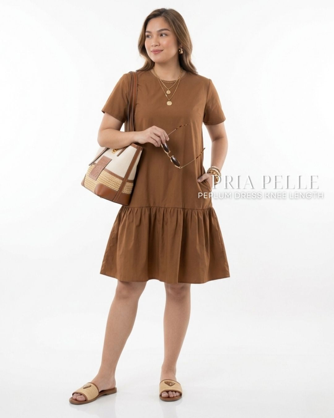 Pria Pelle Peplum Dress Version 1 | Cotton Blend Warm Mocha - Non Stretch