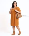 Pria Pelle Esther V-Neck Straight Dress | Cotton Blend Caramel Rust - Non Stretch